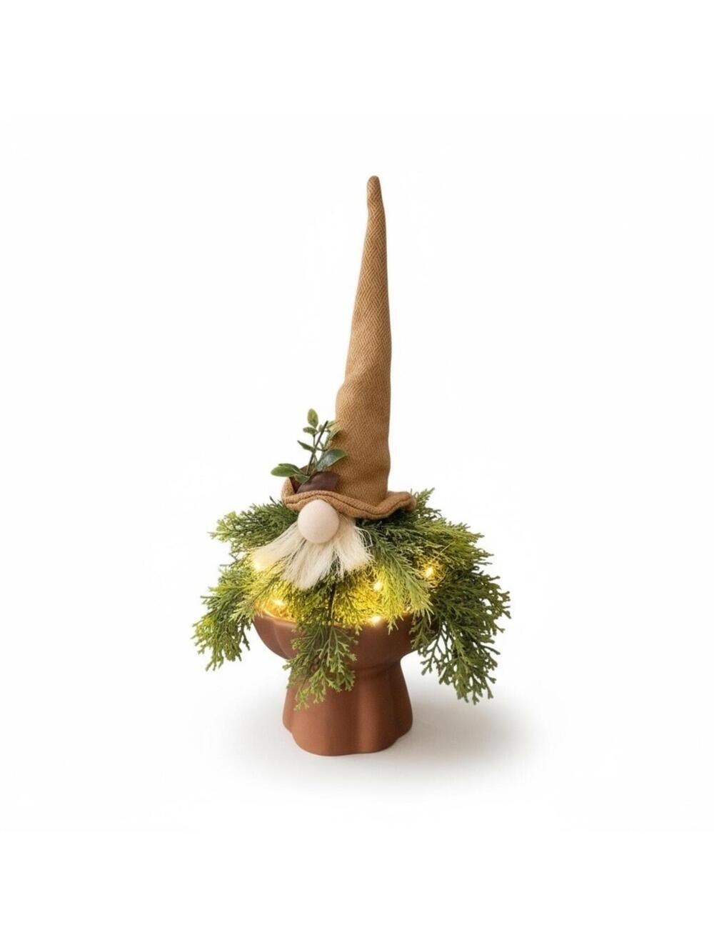 Handcrafted Whimsical Lighted Gnome with Greenery & Rustic Hat
